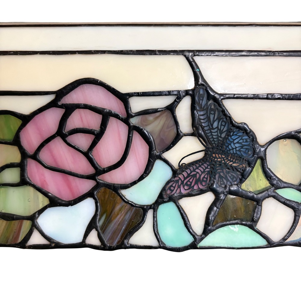 Vintage Tiffany Style Stained Glass Bankers Desk Lamp Floral Butterfly Victorian - Picture 8 of 16
